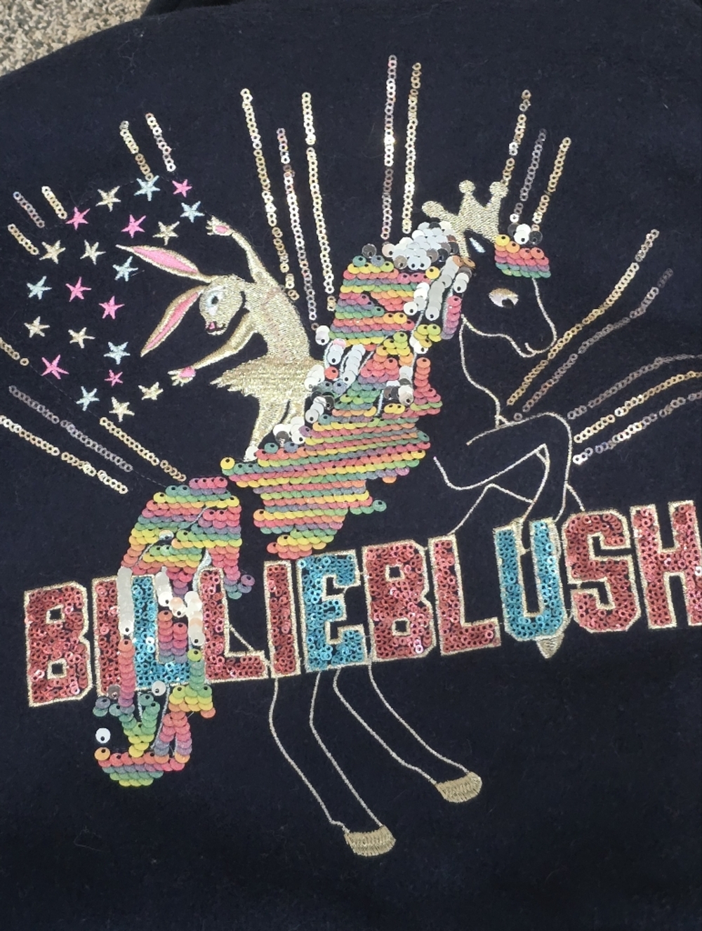 Billieblush Blue Wool Blend Coat Faux Fur Collar Sequin Unicorn Girls Sz 6 - Picture 4 of 6
